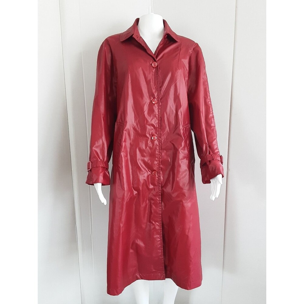 Red Sheen Rain Coat | Hat Longline Trench Sz M -  Vtg